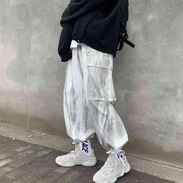 

men's pants spring summer tie-dye fashion retro pocket cargo men streetwear loose hip-hop straight wide-leg mens se2x, Black