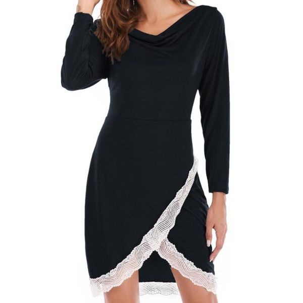 

woman dress long sleeve lace pure color 55# casual dresses, Black;gray