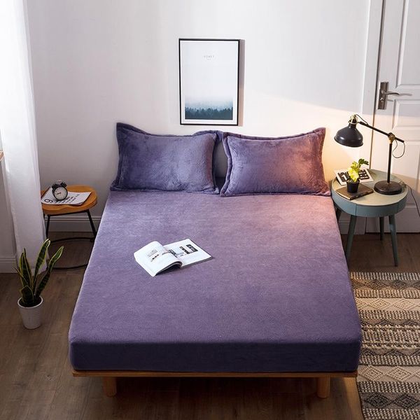 

solid fleece elastic sheet set rubber fitted + pillowcase winter warm flannel linen velvet mattress cover 3pcs bedding sets