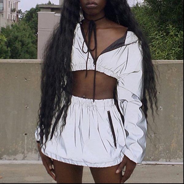 

2pcs set reflective tracksuit women tracksuits crop long sleeve hooded short skirt bodycon sport gym zipper two piece, Gray
