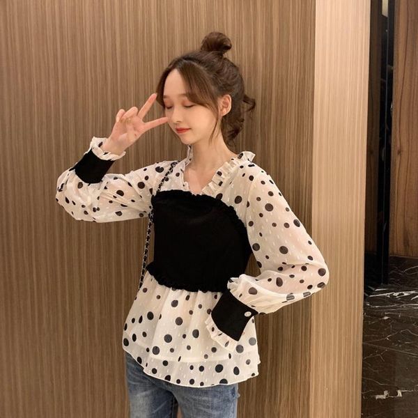

women's blouses & shirts korean clothing blouse spring summer sweet female fashion brands chiffon long sleeve polka dot clothes, White