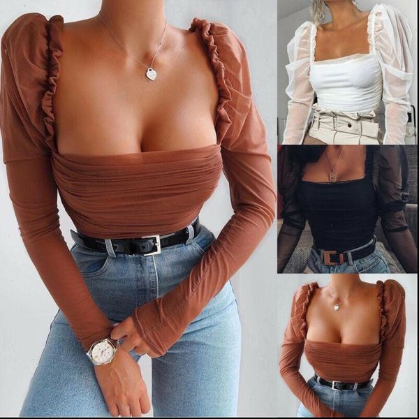 

fashion sheer mesh ruched womens blouses puff long sleeve square neck slim fitted office ladies blouse black, White