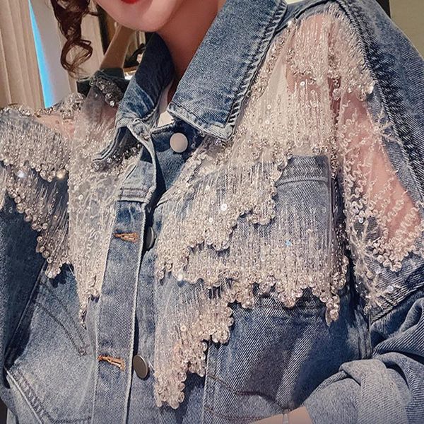 

women's jackets 2021 spring and autumn stitching beaded diamond mesh loose thin denim jacket women y636, Black;brown