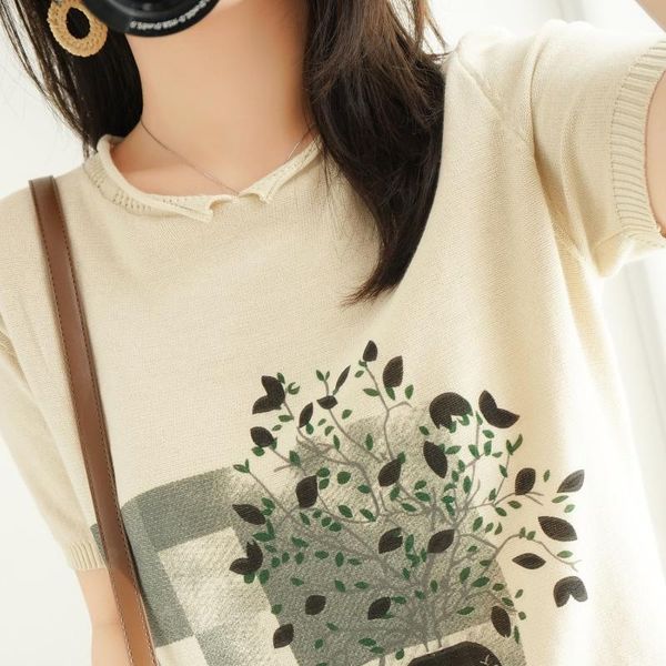 

women's t-shirt summer cotton knit short-sleeved ladies print korean loose half-sleeved linen bottoming shirt, White