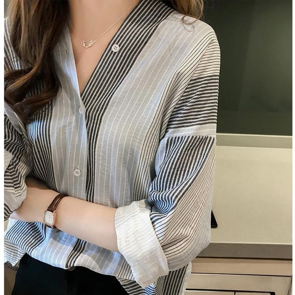

women's blouses & shirts autumn 2021 single breasted loose stripe shirt long sleeve v-neck fashion leisure top, White