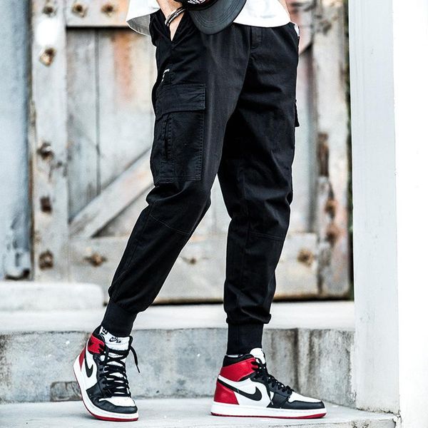 

men's work pants casual leggings multi-pocket nine-point teen fashion military, Black