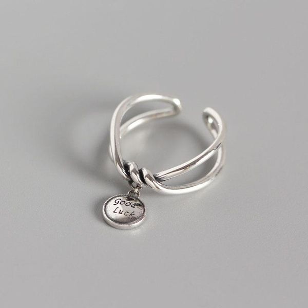 

cluster rings retro authentic s925 sterling silver fine jewelry "good luck" personality double rows twisted roped adjust ring open, Golden;silver
