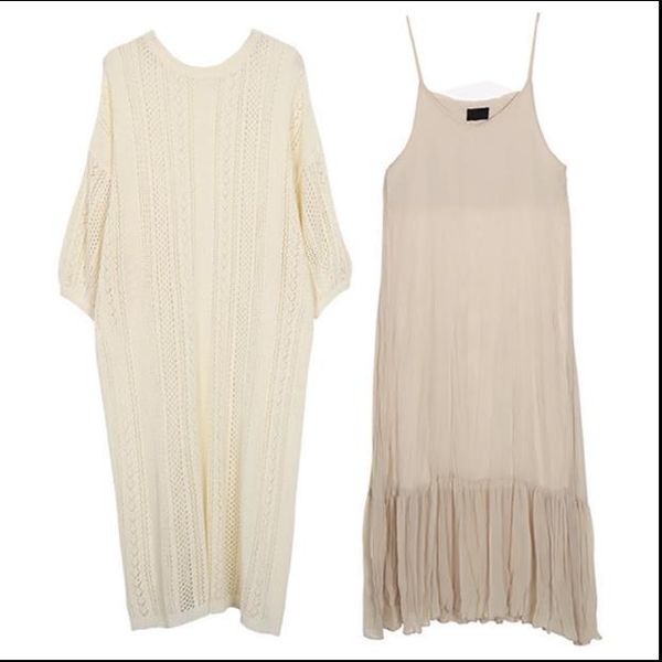 

casual dresses spring and summer hollow knitted blouse suspenders dress two-piece loose, Black;gray