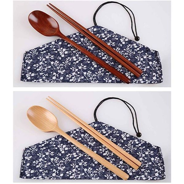 

chopsticks wooden spoon simple set japanese combination convenient outdoor travel gift tableware with cloth bag
