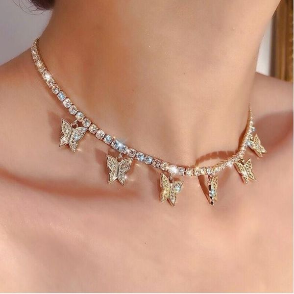 

chokers rhinestone butterfly pendant necklace for women chain jewelry collier femme bisuteria ketting colar masculino naszyjniki damskie, Golden;silver