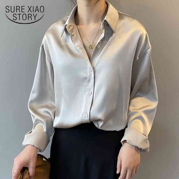 Camicia autunno con bottoni in raso di seta Camicetta vintage da donna Donna bianca maniche lunghe da donna Camicie larghe solide Blusas 11355 210410