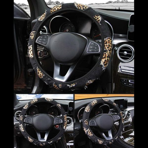 

100% brand steering wheel cover accessories black leopard denim covers