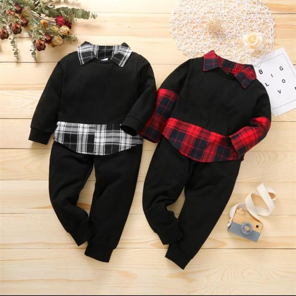 

clothing sets boiiwant 1-6y boys leisure clothes set plaid print long sleeve lapel neck solid color trousers pants for tracksuit, White