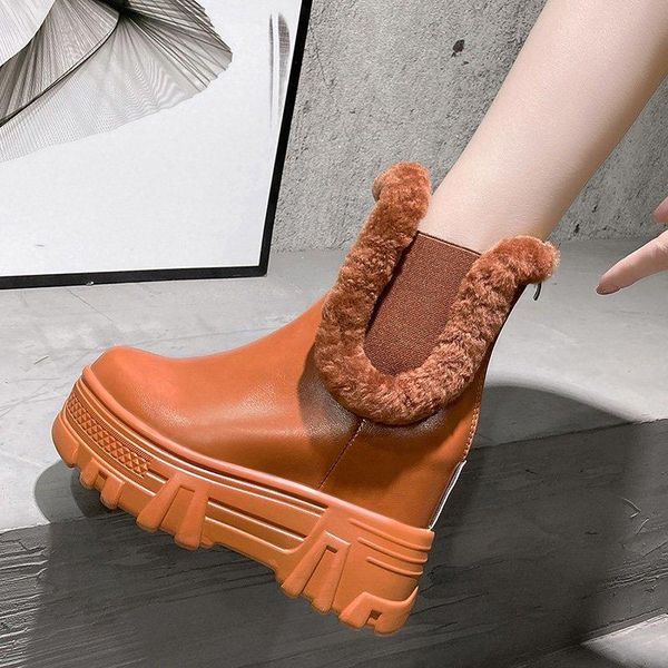 

boots platform for women 2021 winter fashion ankle ulzzang chunky furry 9cm height increasing woman wedge shoes, Black