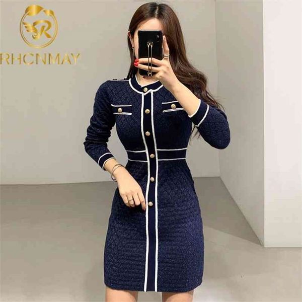 

runway spring small fragrance knitting dress women splice single-breasted long sleeve sweater round collar 210520, Black;gray