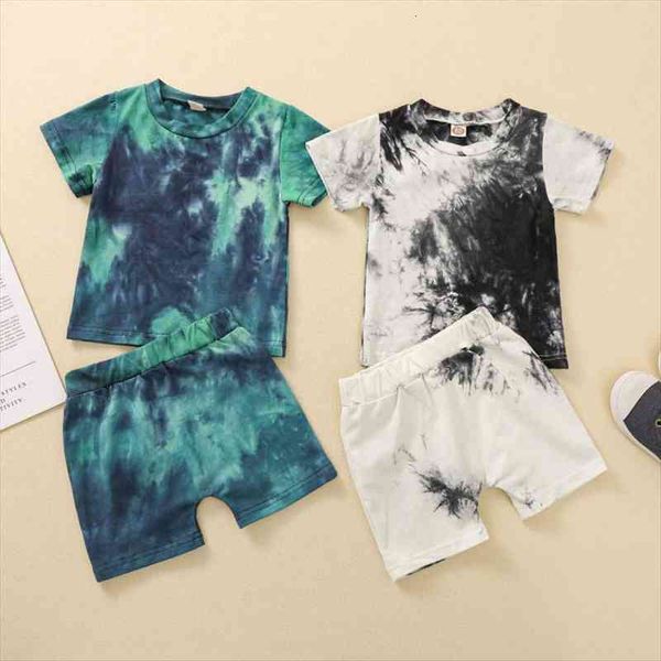 

2pcs little boys outfit summer toddlers round collar random dyeing printing short sleeve casual shorts set, White