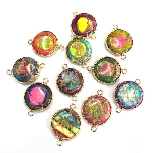 

charms natural imperial stone connector color round double hole edging charm jewelry suitable for making diy necklace accessories, Bronze;silver