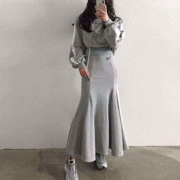 

autumn and winter women's hooded sport lantern sleeve sweatshirt +long mermaid two-piece female skirt set 210518, White
