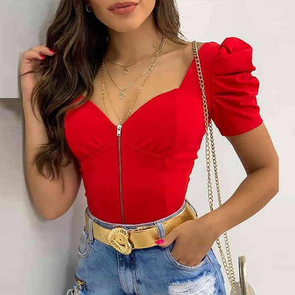 

women's blouses & shirts 2021 casual solid office lady slim blouse elegant pleated puff short sleeve blusas v neck zipper wom, White