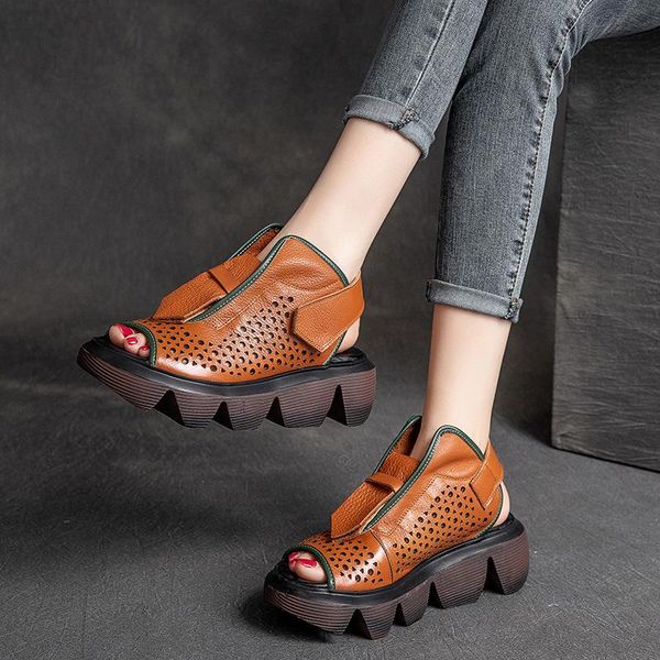 

boots women's summer fish mouth 2021 genuine leather ladies luxury sandals gladiator hollow retro shoes wedge heel platform, Black