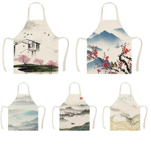 

aprons ancient style landscape apron children kitchen linen printing household cleaning cooking antifouling