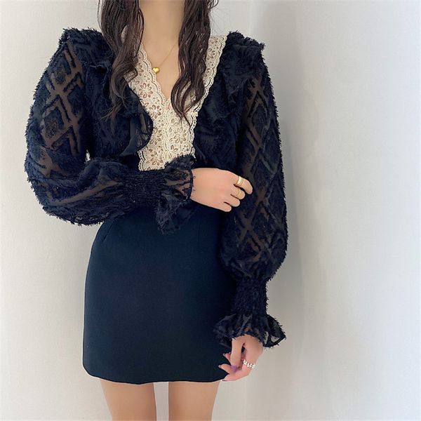 

girls v-neck femme patchwork lace tassel women ol korean sweet streetwear casual loose blouses 210421, White