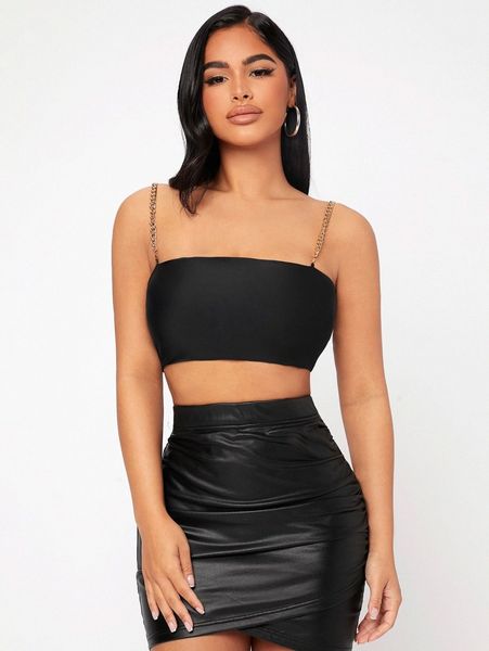 

petite solid backless crop cami with chain z8ln#, White