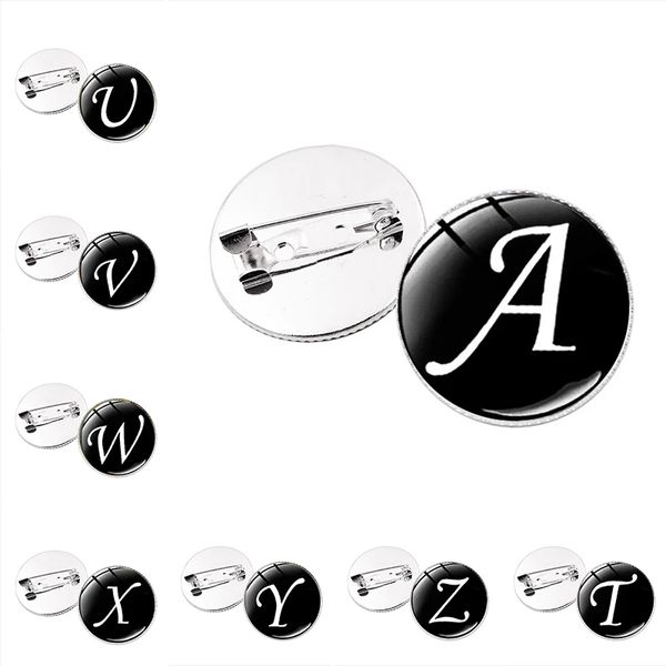 

artistic design a-z 26 english letters brooch initial name badges handmade picture glass cabochon lapel pins, Gray