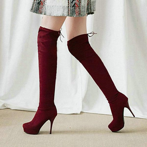 

boots 2021 faux suede women over the knee platform thin heel slip on fashion ladies stretch plus size 43, Black