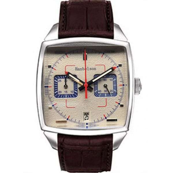 

montre de luxe vk quartz movement mens watch square surface stainless steel luminous blue leather strap relojes lujo para hombre grey dial c, Slivery;golden