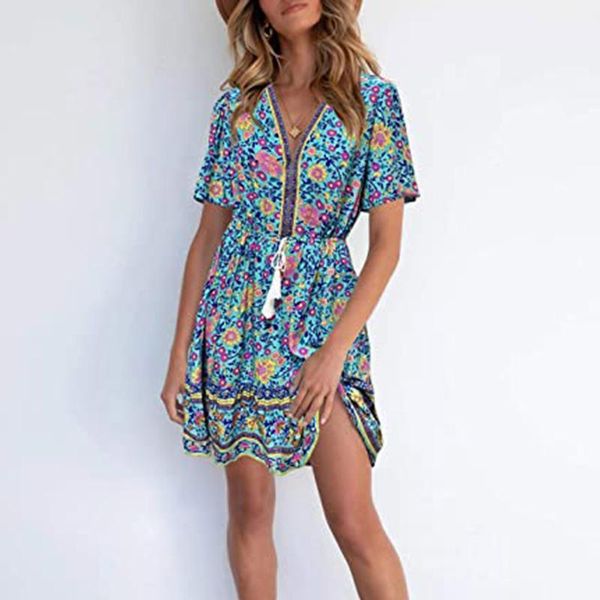 

casual dresses fashion women dress summer bohemian printed v-neck belted pleated short sleeve mini vestidos verano 2021 #g2, Black;gray