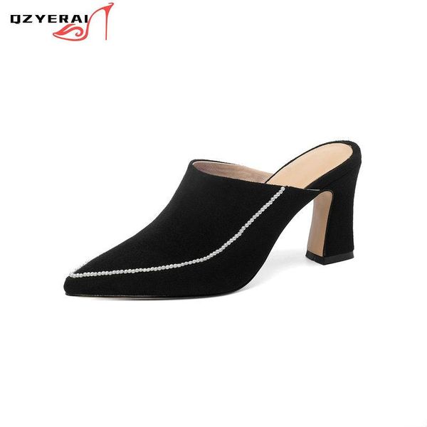 

slippers 2021 faux suede women summer shoes fashion pointed toe slides spike heels beige mules female, Black