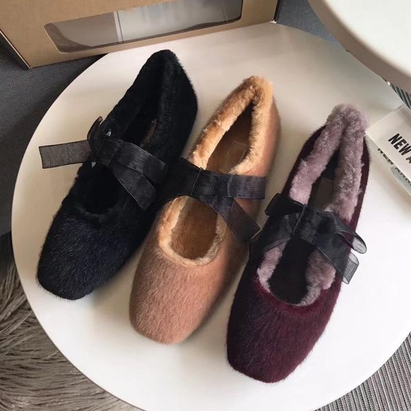 

slippers peas shoes women plus velvet all-match gentle bow single sheepskin wool one flat-bottomed, Black