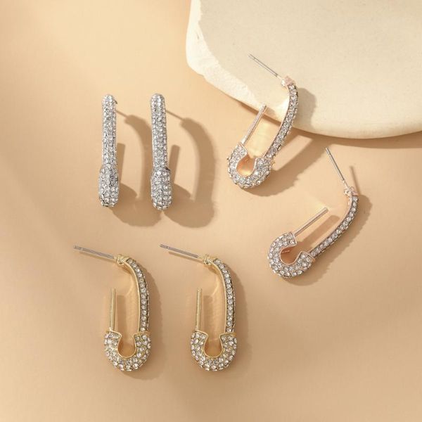 

stud punk long u-shape safety pin earrings for women crystal cz ear paperclip puncture earring gothic jewelry cuff accessory, Golden;silver