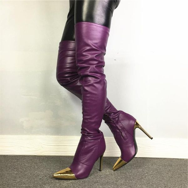 

boots runway patchwork gold women over the knee high pointy toe heels lady shoes woman knight botas mujer, Black