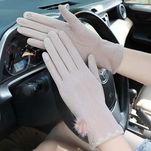 

five fingers gloves women thin hairball embroidery cycling cold warm for sports nonslip winter full finger touch screen driving mittens r30, Blue;gray