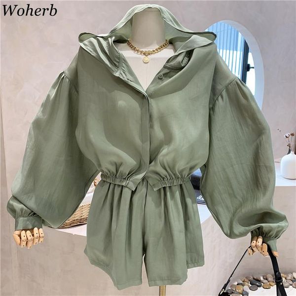 

women's tracksuits woherb summer women clothing korean long-sleeve hooded sunscreen shirt elastic high-waist wide-leg shorts two piece, Gray