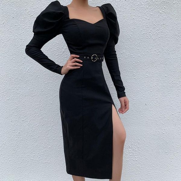 

casual dresses summer bodycon dress for women solid color square neck long sleeve backless split midi party vestidos female clothing, Black;gray