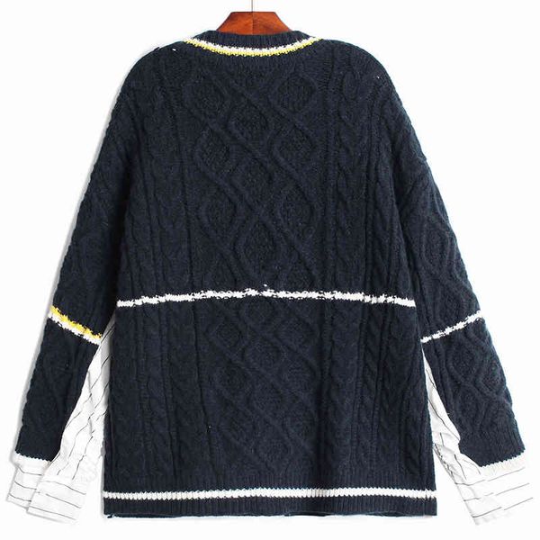

women's sweaters [eam] navy striped big size knitting cardigan sweater loose fit v-neck long sleeve women fashion autumn winter 2022 1d, White;black