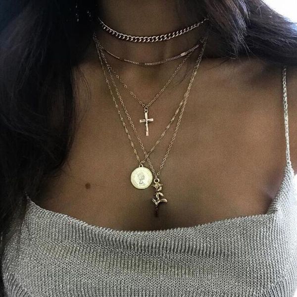 

pendant necklaces gold cross rose layered collar statement chain neckalce for women choker 2021 fashion jewelry accessories gift wholesale, Silver