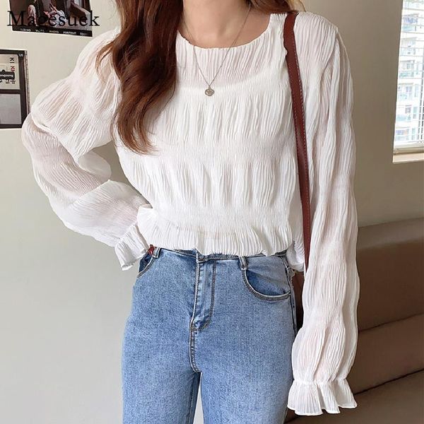 

women's blouses & shirts korean chic casual women spring o-neck long sleeve white blouse 2021 elegant pleated chiffon shirt blusas muj