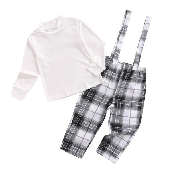 

clothing sets 2 pcs infant christmas outfits, girls ribbed long sleeve round neck t-shirt + plaid suspender pants, White