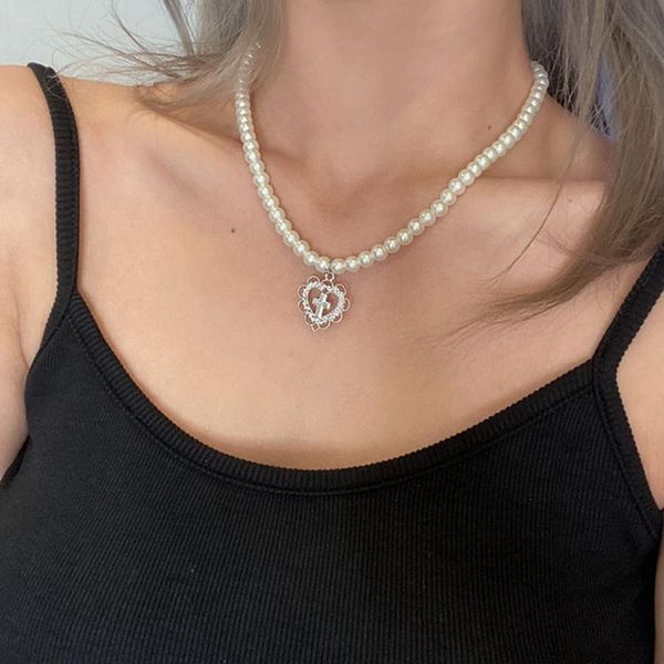 

chokers retro cross choker necklace pearl chain necklaces hollow heart shaped pendant punk gothic harajuku for women fashion jewelry, Golden;silver