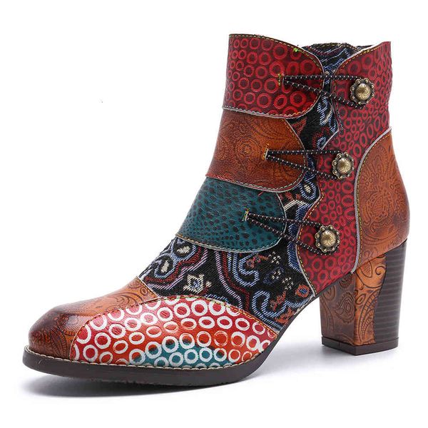 

boot vintage splicing printed ankle for woman genuine leather shoes retro block high heels female boots 2021 7ctu, Black