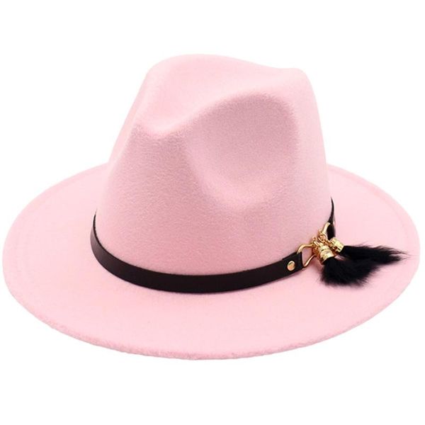 

wide brim hats autumn fedora for women men tassel feather belt leather ribbon elegant lady ladies felt accessories hat, Blue;gray