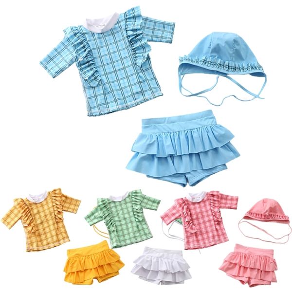 

swimsuit girl uv protection short sleeve children swimming suit ruffle girls swimwear child bathing clothes baby pool beach wear 210417, Blue