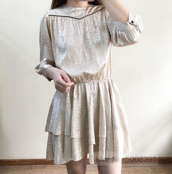

casual dresses [7evening] -beige silk leopard print tier mini dress round neck 3/4 sleeved with buttoned short layered woman high quality, Black;gray