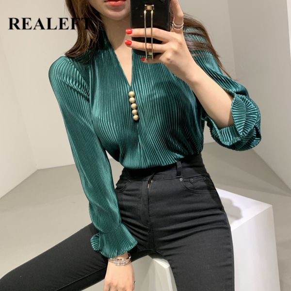 

autumn chic button women's shirts blouses green long flare sleeve v-neck elegant female korean style 210428, White