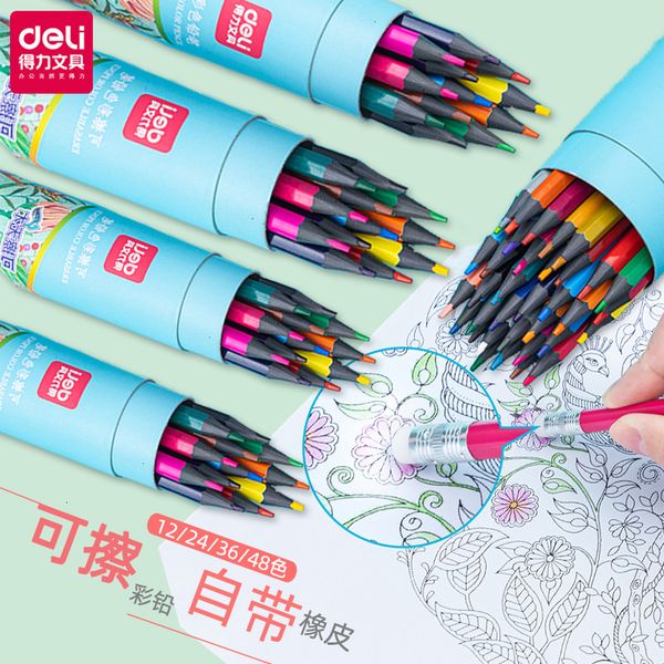 

painting pens deli 12 24 36 48 erasable color pencil no wood painting students use children's hand drawing pen, Black;red