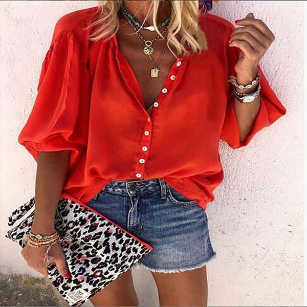

solid color long sleeved women blouses v neck button summer models s plus size dark blue, White